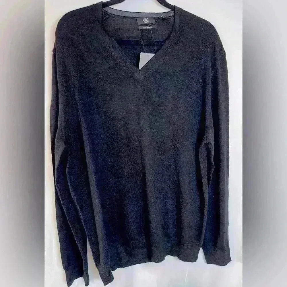 NWT! CALVIN KLEIN Sweater 100% Extra Fine MERINO WOOL BLACK V Neck (XXL)